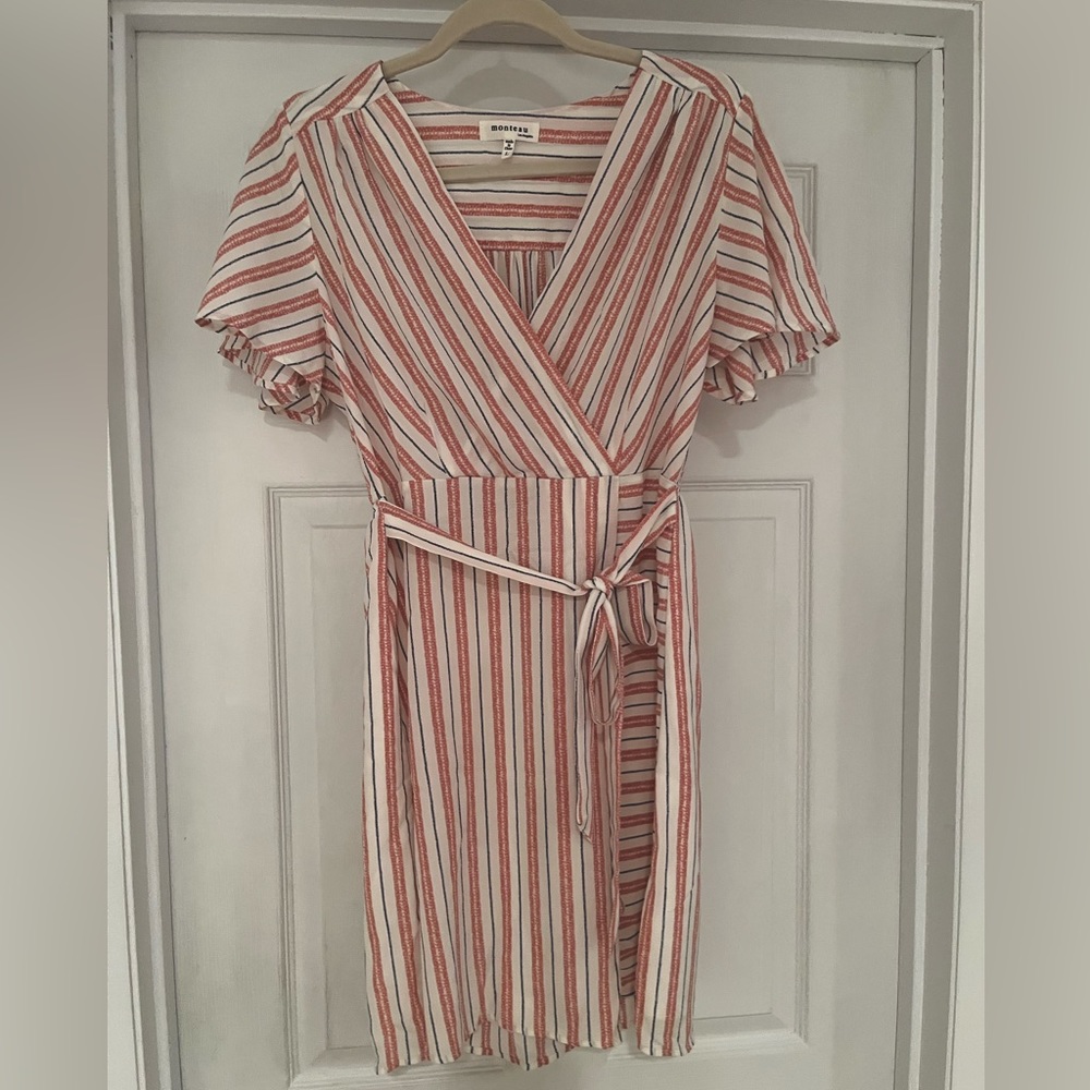 Monteau Dress Large Mauve Pink White Blue Striped Faux Wrap Tie Belt